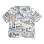 SEASUNS Womens Blue & Beige Printed Top Short Sleeve V-Neck L Cotton Blend