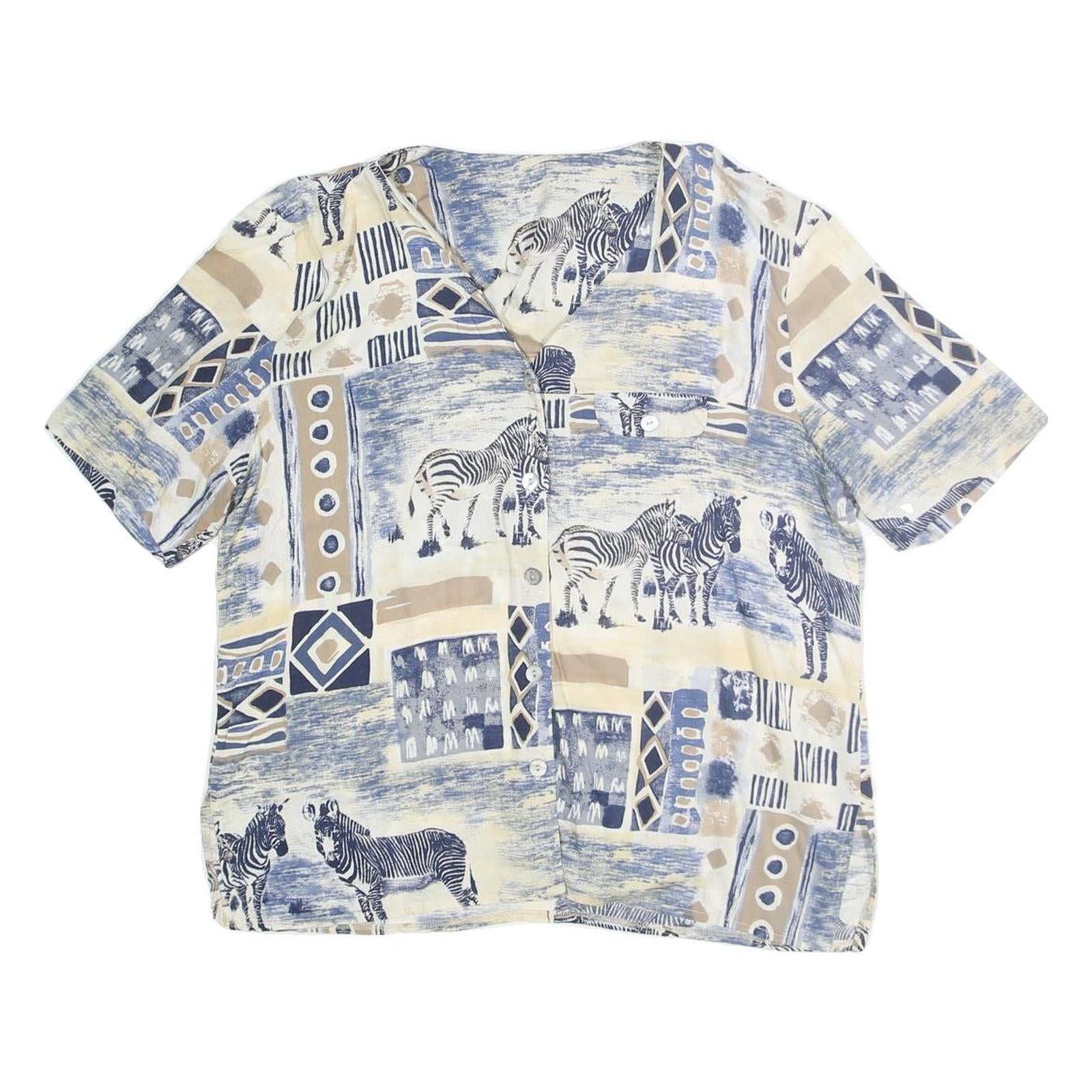 SEASUNS Womens Blue & Beige Printed Top Short Sleeve V-Neck L Cotton Blend