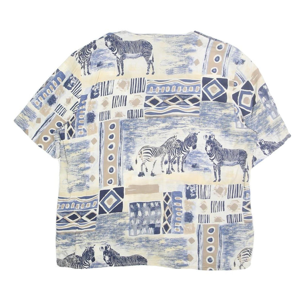 SEASUNS Womens Blue & Beige Printed Top Short Sleeve V-Neck L Cotton Blend