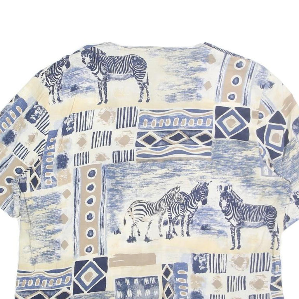 SEASUNS Womens Blue & Beige Printed Top Short Sleeve V-Neck L Cotton Blend