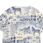 SEASUNS Womens Blue & Beige Printed Top Short Sleeve V-Neck L Cotton Blend