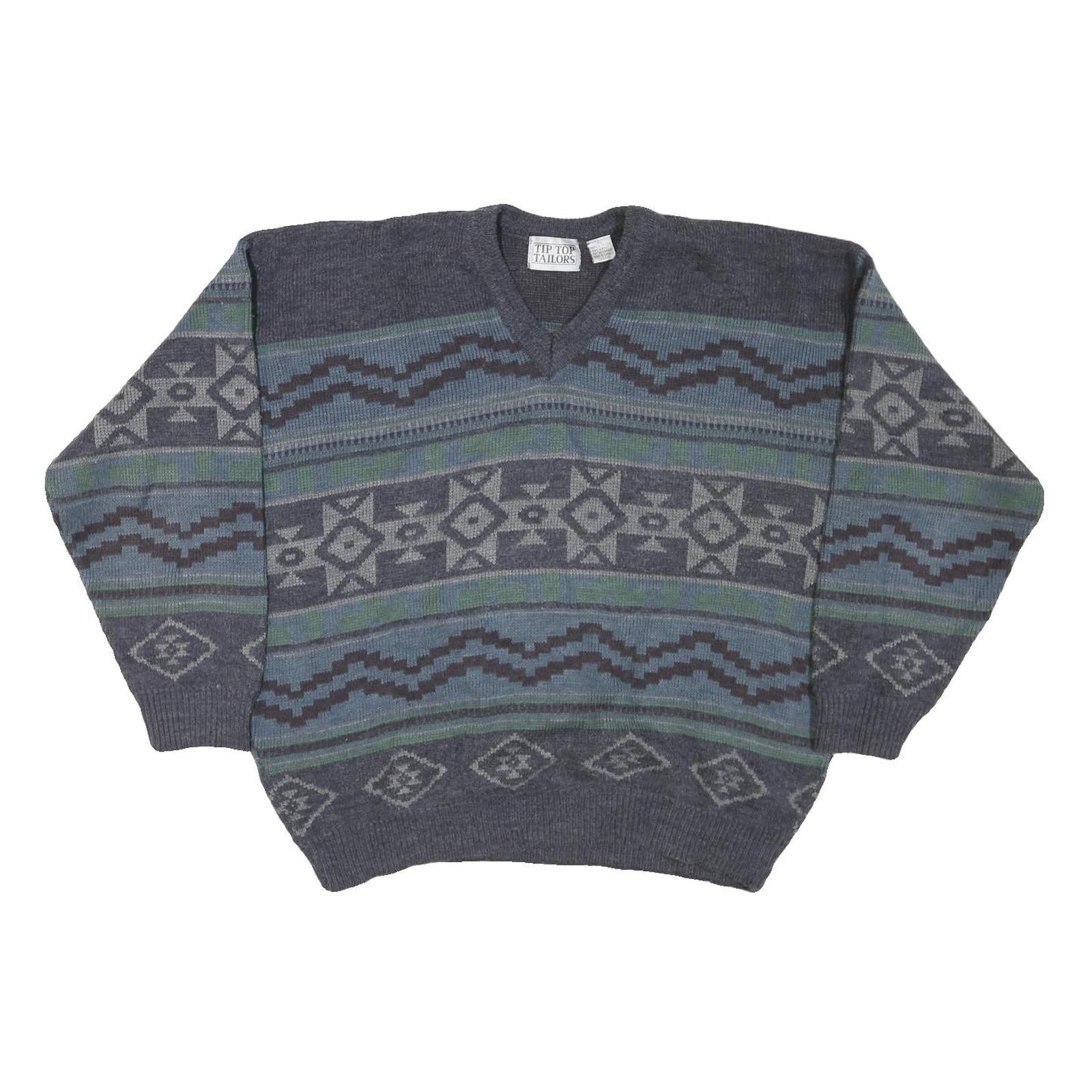 TIP TOP TAILORS Mens Grey Patterned V Neck Chunky Knit XL Jumper Acrylic Sweater