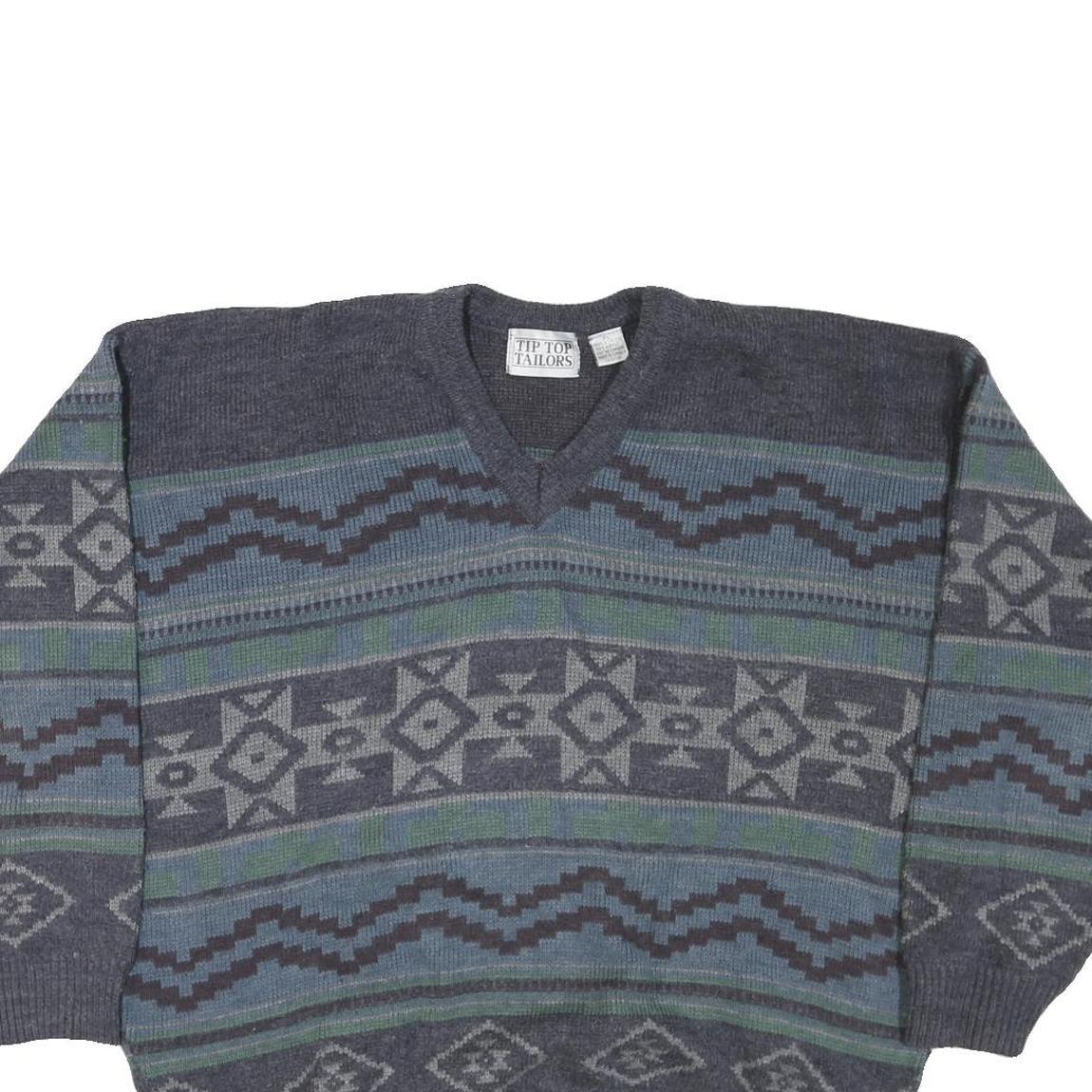 TIP TOP TAILORS Mens Grey Patterned V Neck Chunky Knit XL Jumper Acrylic Sweater