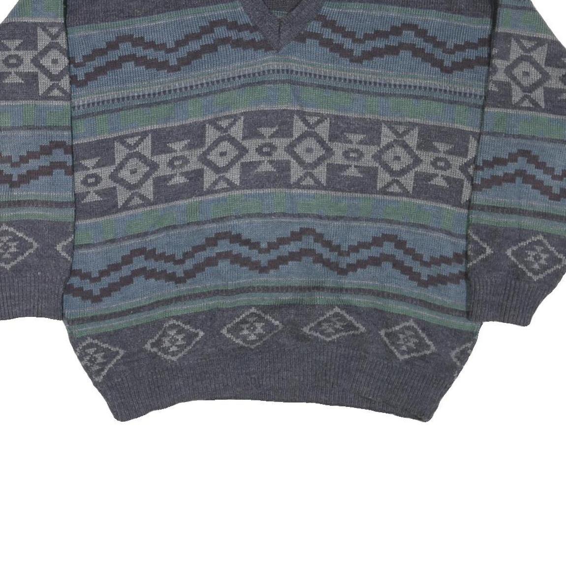 TIP TOP TAILORS Mens Grey Patterned V Neck Chunky Knit XL Jumper Acrylic Sweater