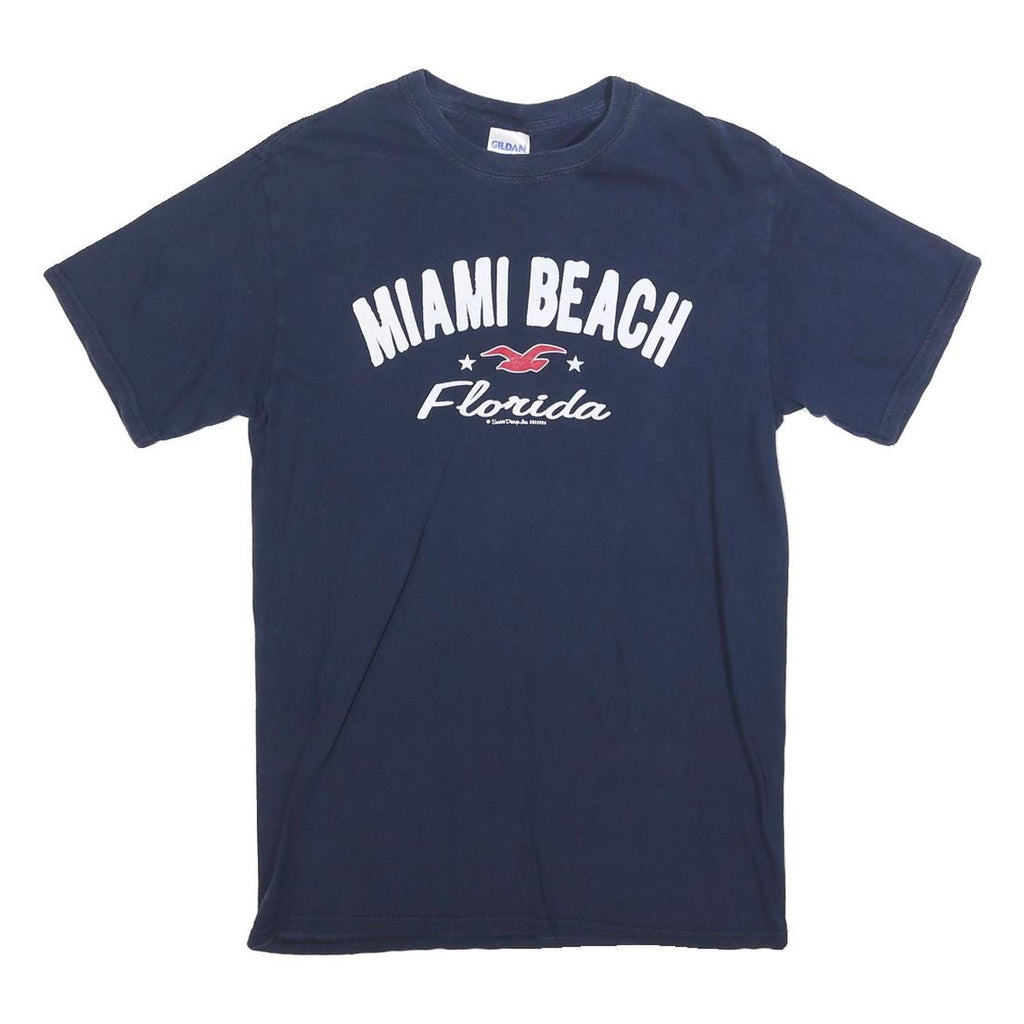 GILDAN Mens Navy Blue Miami Beach Florida Graphic T-Shirt S Short Sleeve Crew
