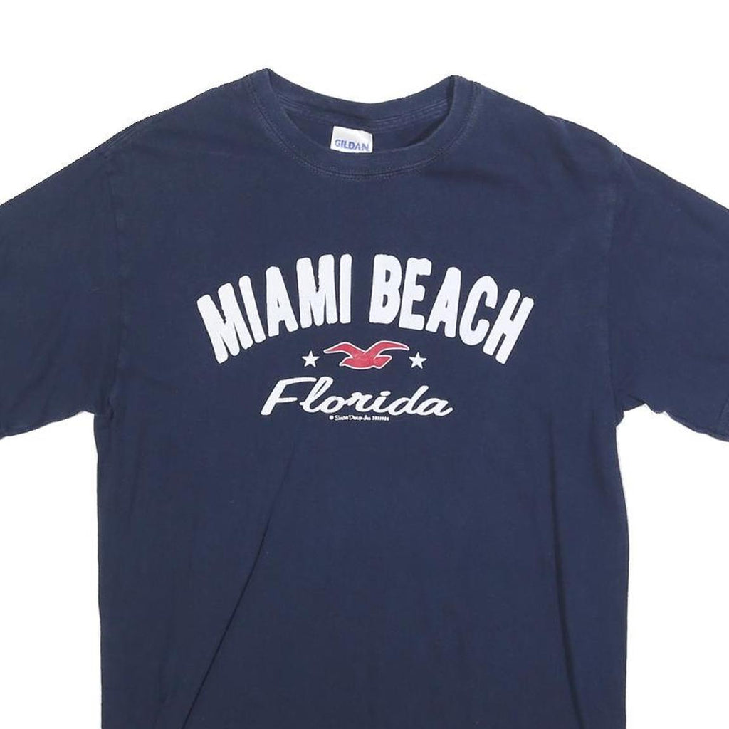 GILDAN Mens Navy Blue Miami Beach Florida Graphic T-Shirt S Short Sleeve Crew