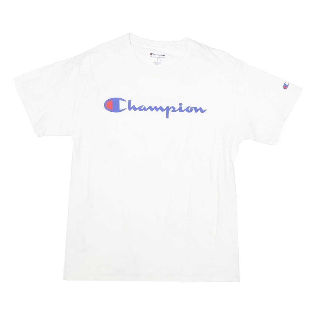 CHAMPION Mens White Blue Logo T-Shirt M Short Sleeve Crew Neck Cotton Blend