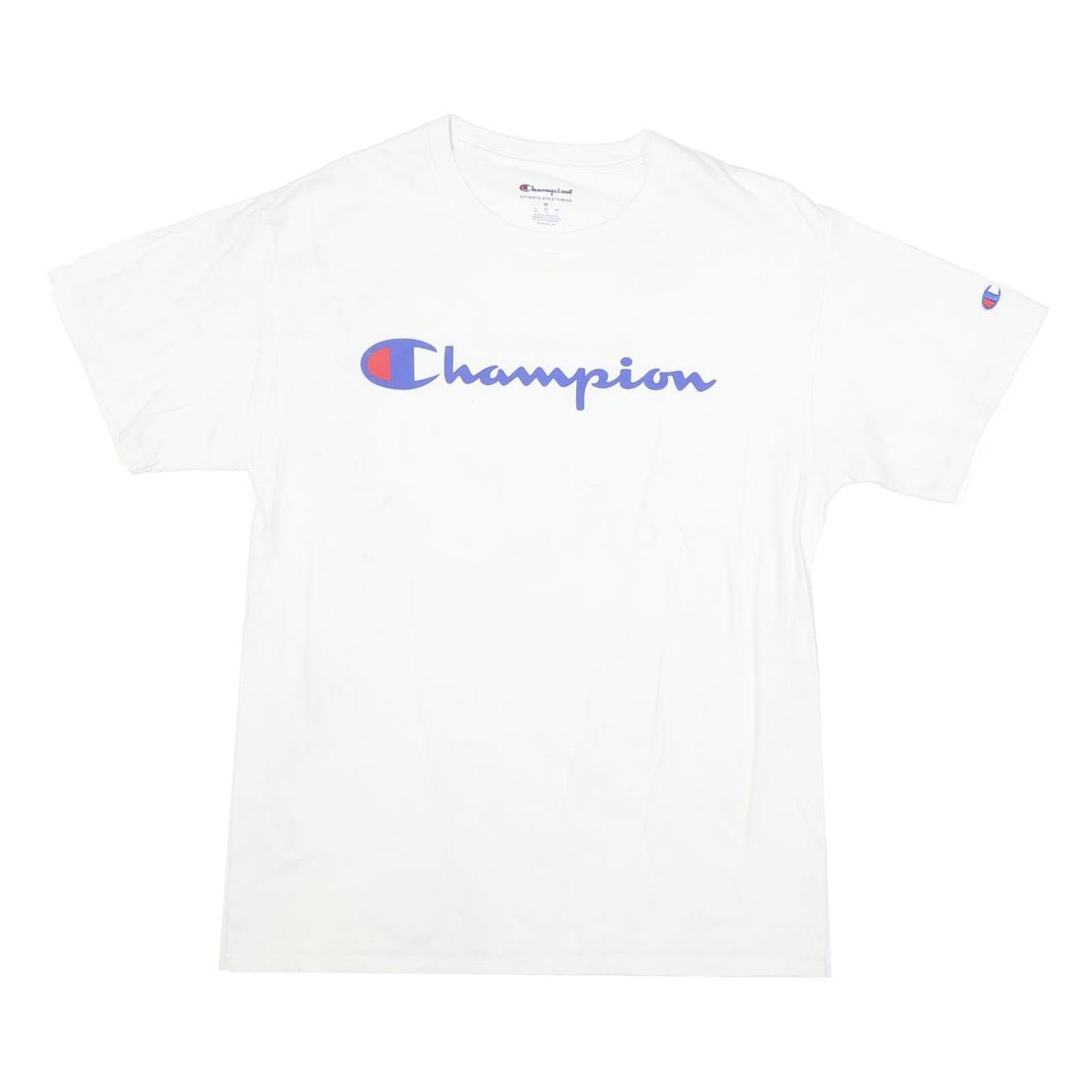 CHAMPION Mens White Blue Logo T-Shirt M Short Sleeve Crew Neck Cotton Blend