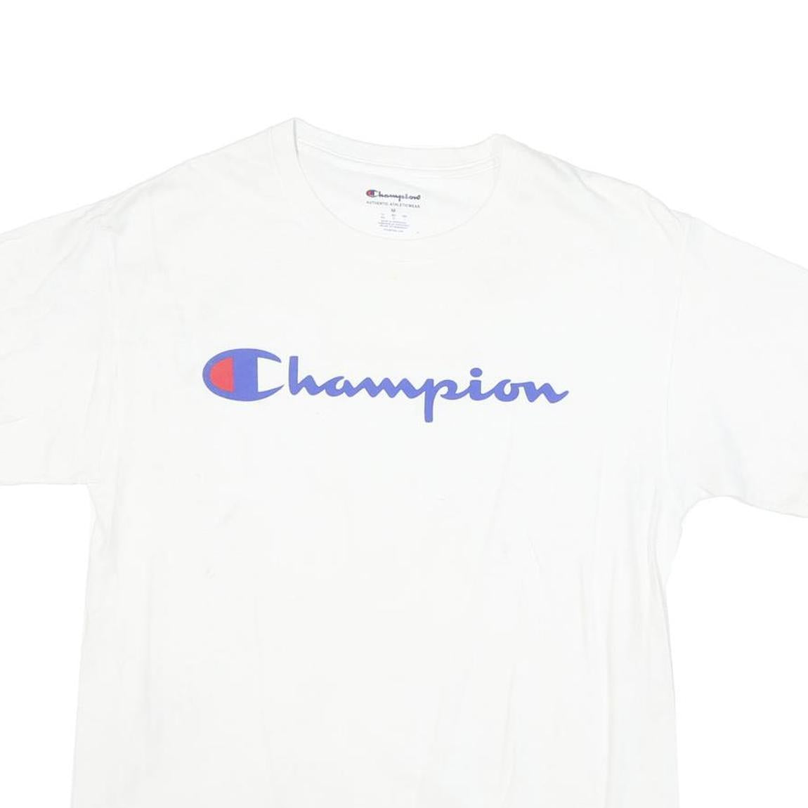 CHAMPION Mens White Blue Logo T-Shirt M Short Sleeve Crew Neck Cotton Blend
