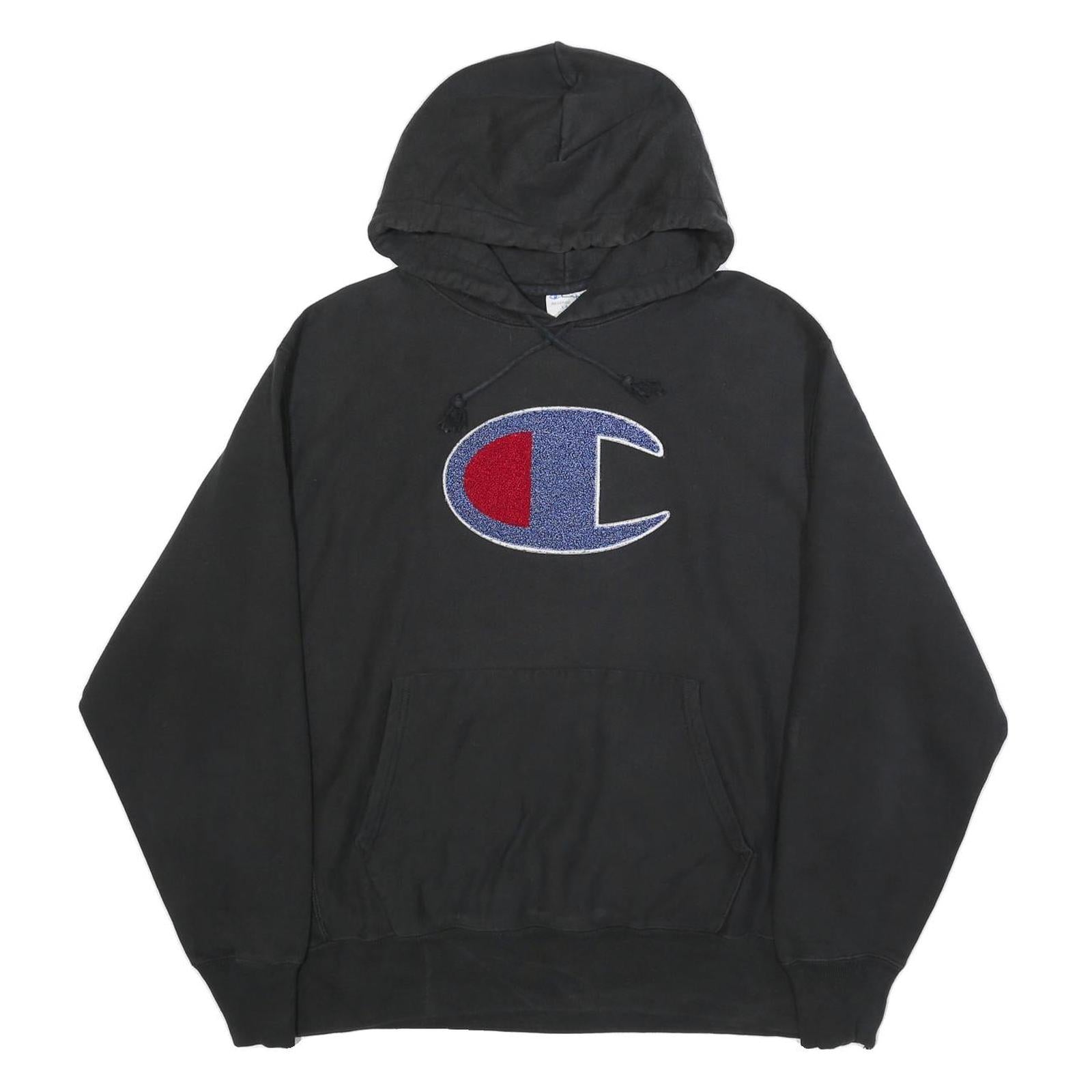 CHAMPION REVERSE WEAVE Mens Black Hoodie L Cotton Blend Pullover Casual