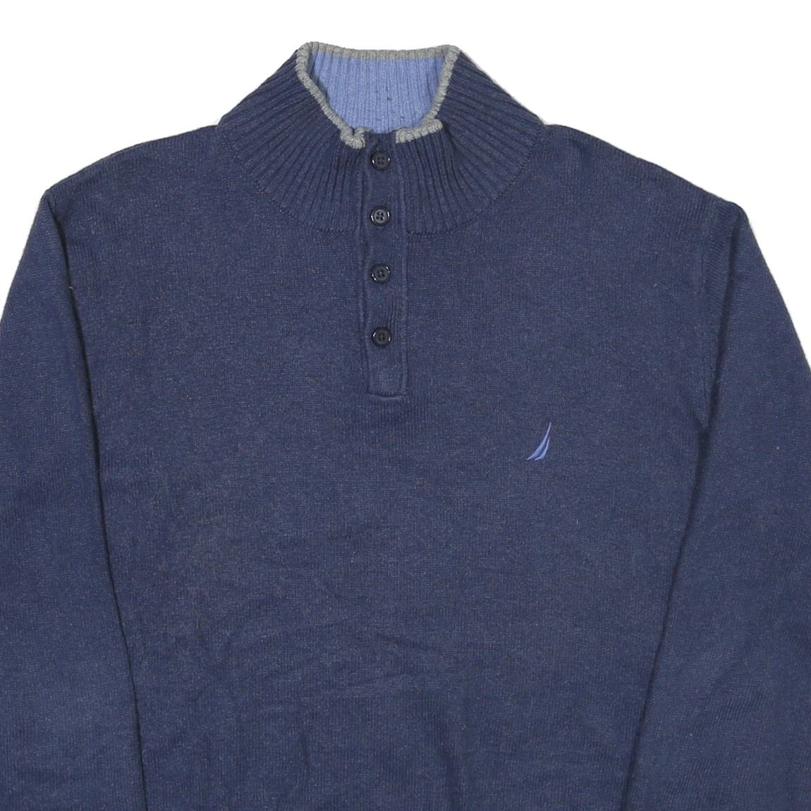 NAUTICA Mens Navy Blue Patterned Polo Neck Cotton Blend Jumper XL Button Up Rib