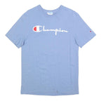 CHAMPION Mens Blue Cotton Blend T-Shirt M Short Sleeve Crew Neck Logo Graphic