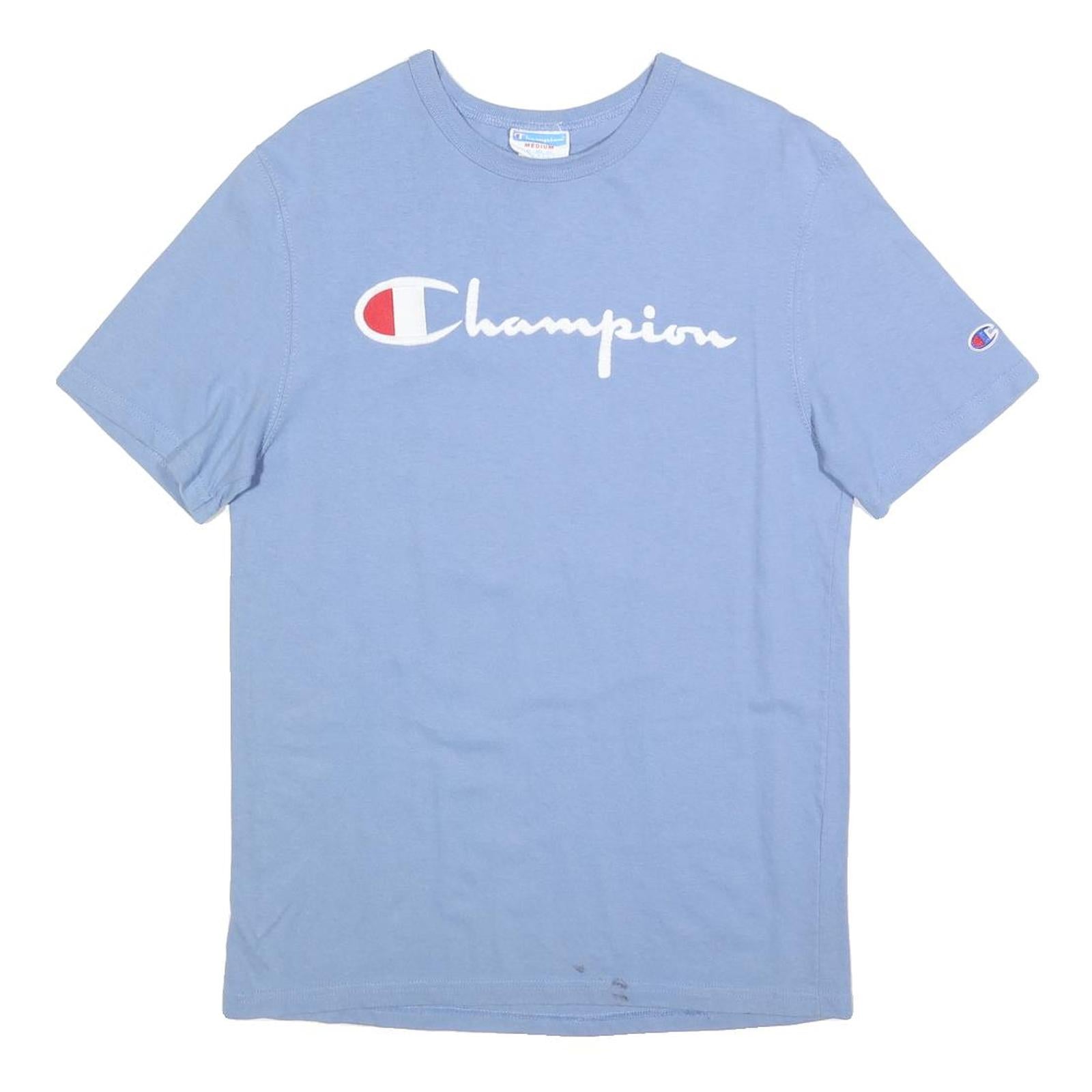 CHAMPION Mens Blue Cotton Blend T-Shirt M Short Sleeve Crew Neck Logo Graphic