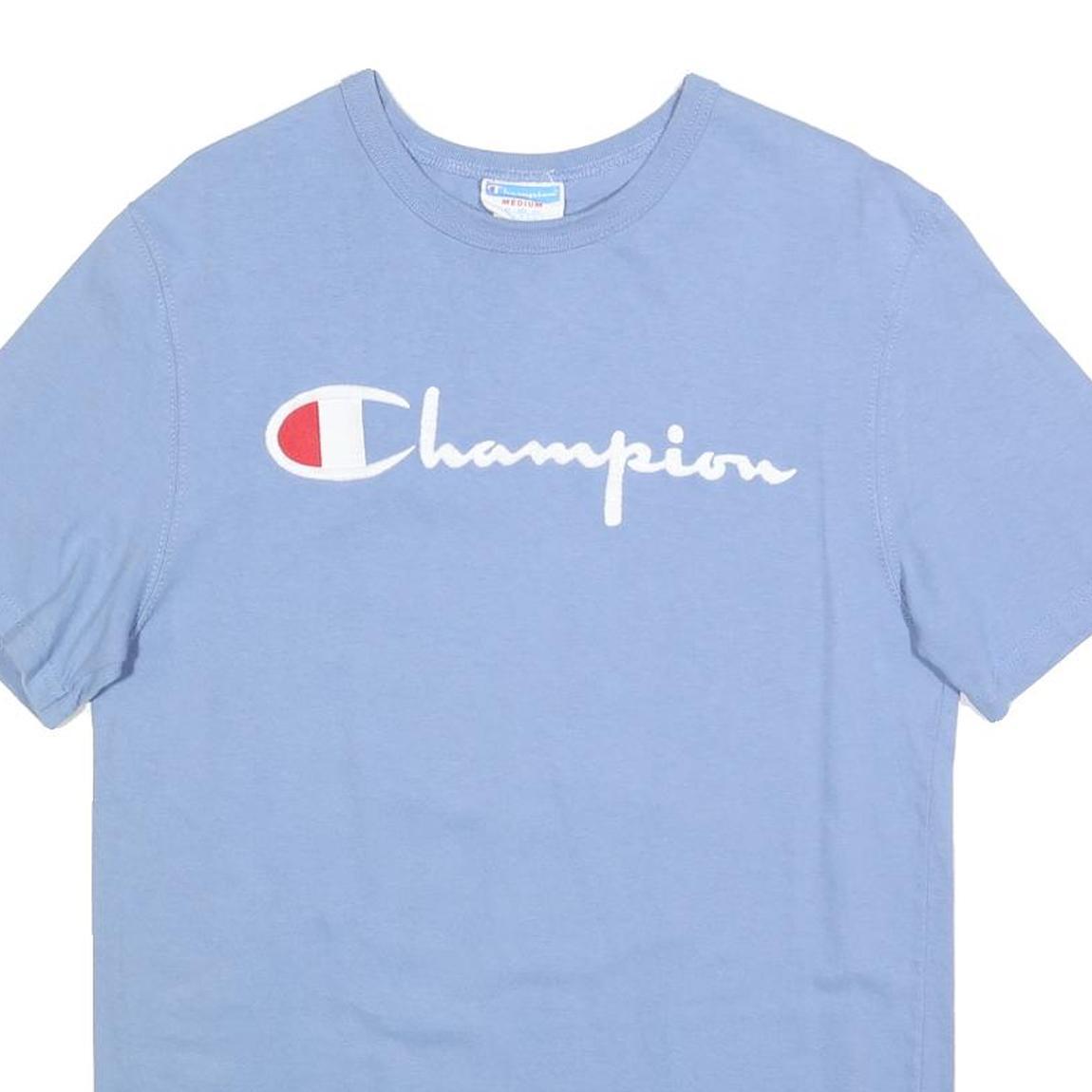 CHAMPION Mens Blue Cotton Blend T-Shirt M Short Sleeve Crew Neck Logo Graphic