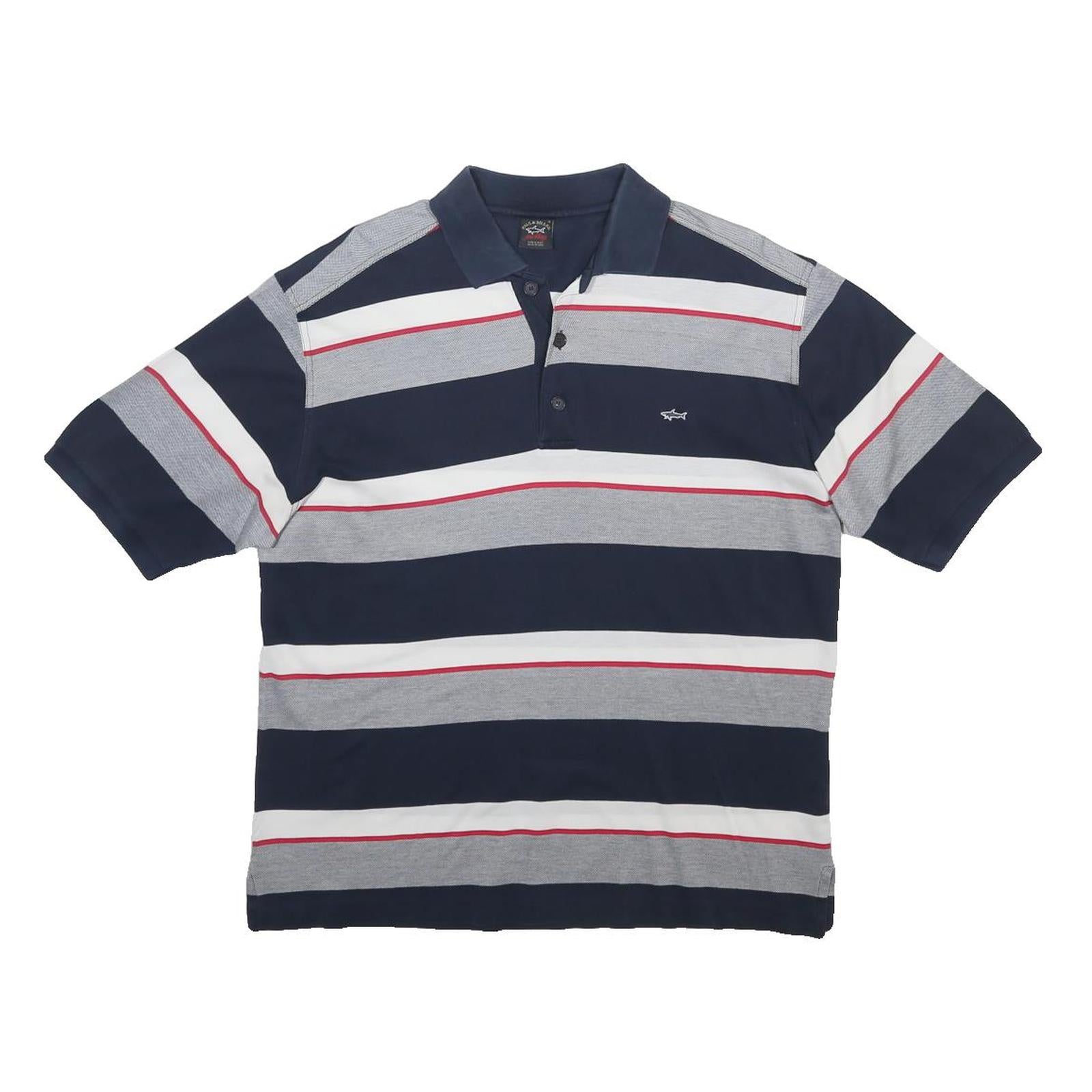 PAUL & SHARK Mens Navy Blue & Grey Striped Short Sleeve Polo Shirt S Cotton