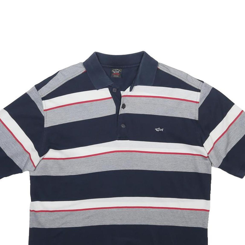 PAUL & SHARK Mens Navy Blue & Grey Striped Short Sleeve Polo Shirt S Cotton