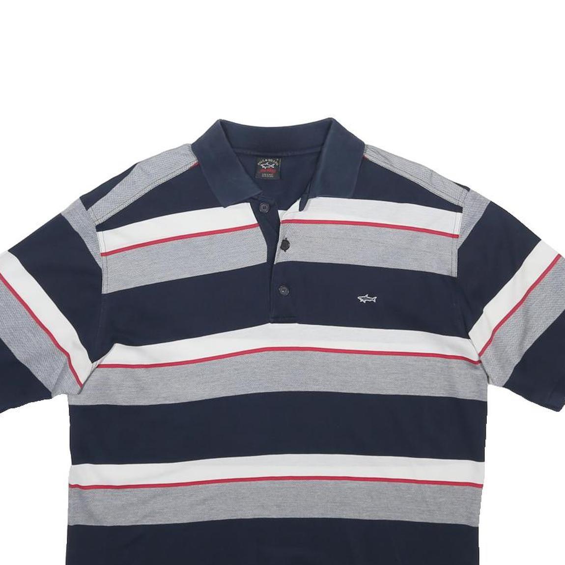 PAUL & SHARK Mens Navy Blue & Grey Striped Short Sleeve Polo Shirt S Cotton