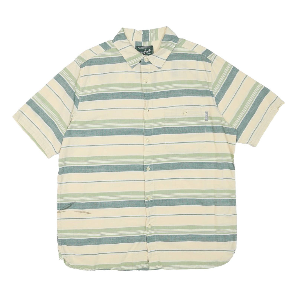 WOOLRICH Mens Cream & Green Stripe Cotton Blend Short Sleeve Shirt L Casual