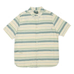 WOOLRICH Mens Cream & Green Stripe Cotton Blend Short Sleeve Shirt L Casual