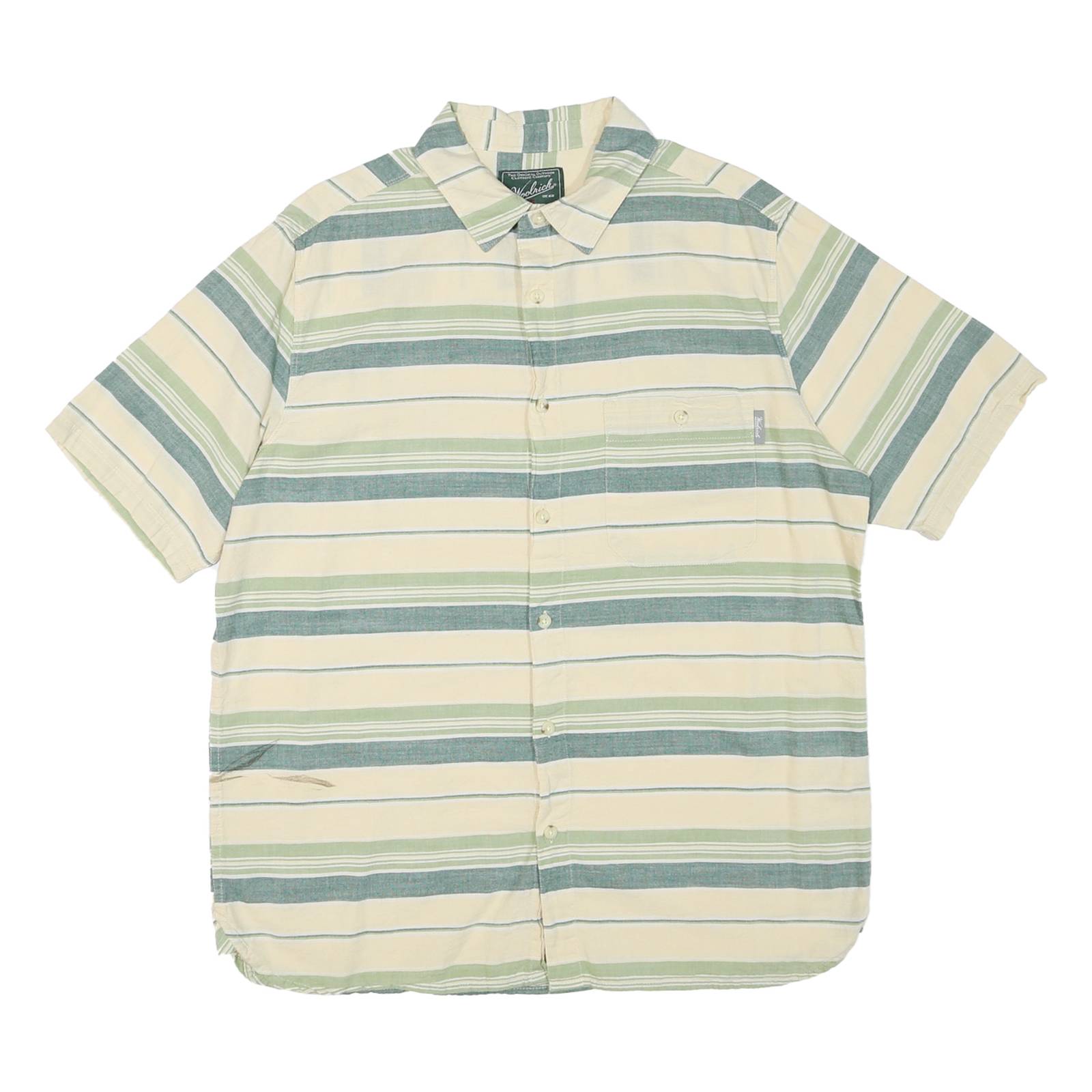 WOOLRICH Mens Cream & Green Stripe Cotton Blend Short Sleeve Shirt L Casual