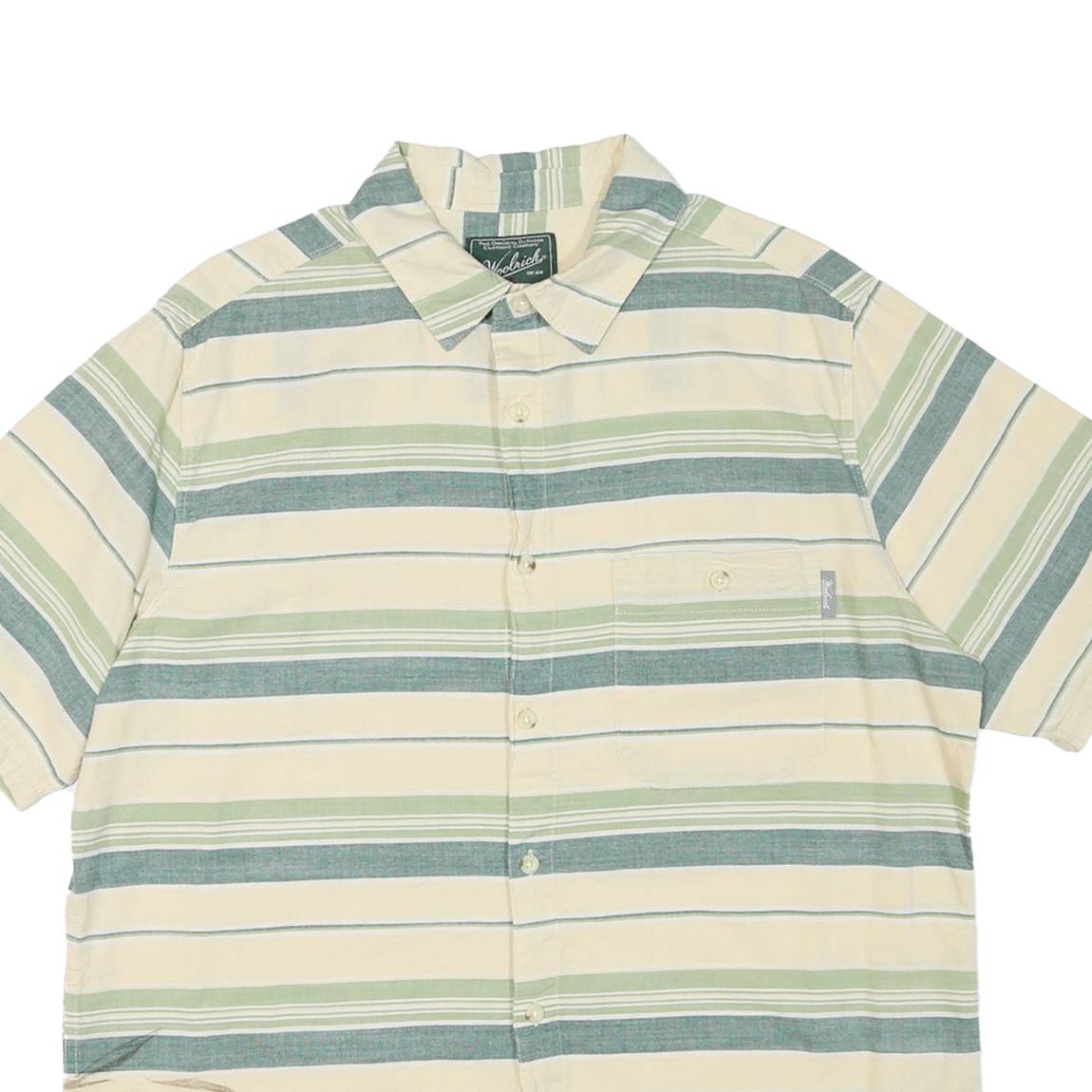 WOOLRICH Mens Cream & Green Stripe Cotton Blend Short Sleeve Shirt L Casual