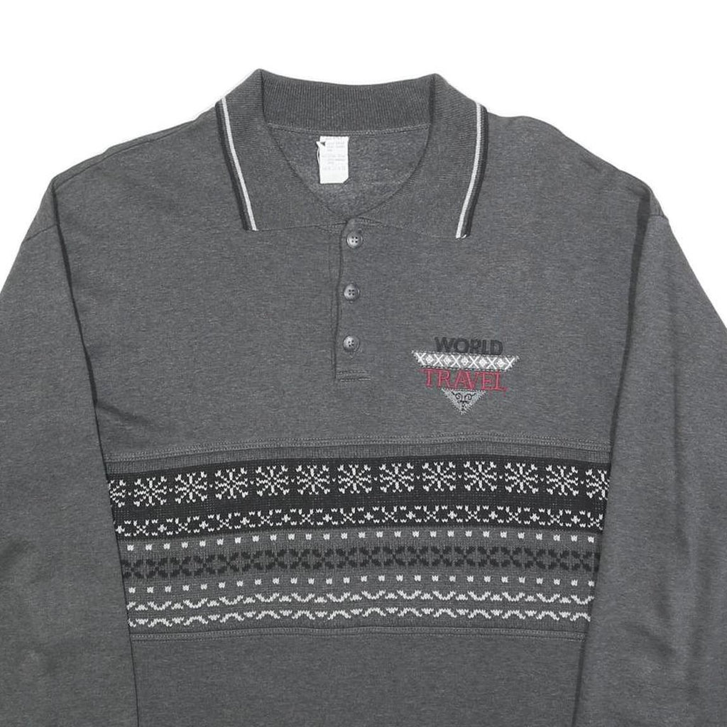 Mens Grey Polo Collar L Sweatshirt Travel Motif Cotton Blend Knit