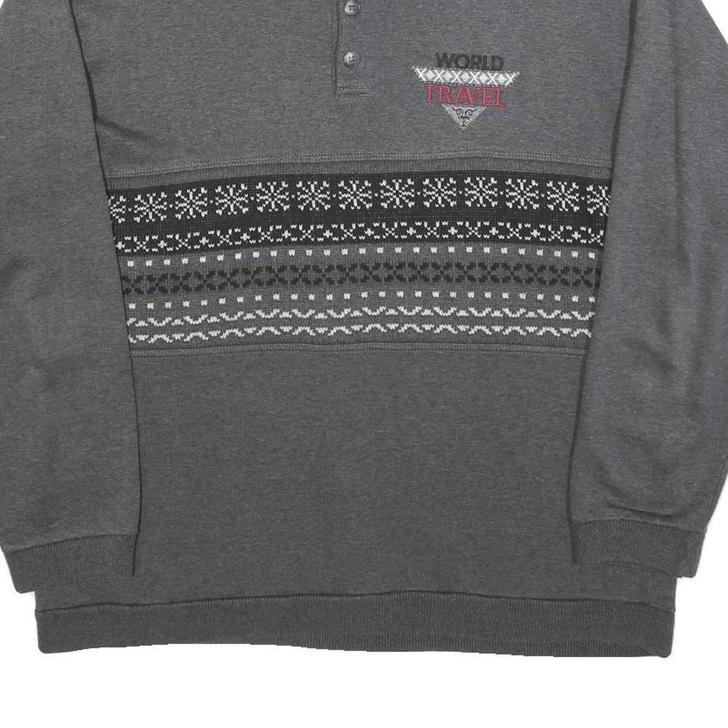 Mens Grey Polo Collar L Sweatshirt Travel Motif Cotton Blend Knit