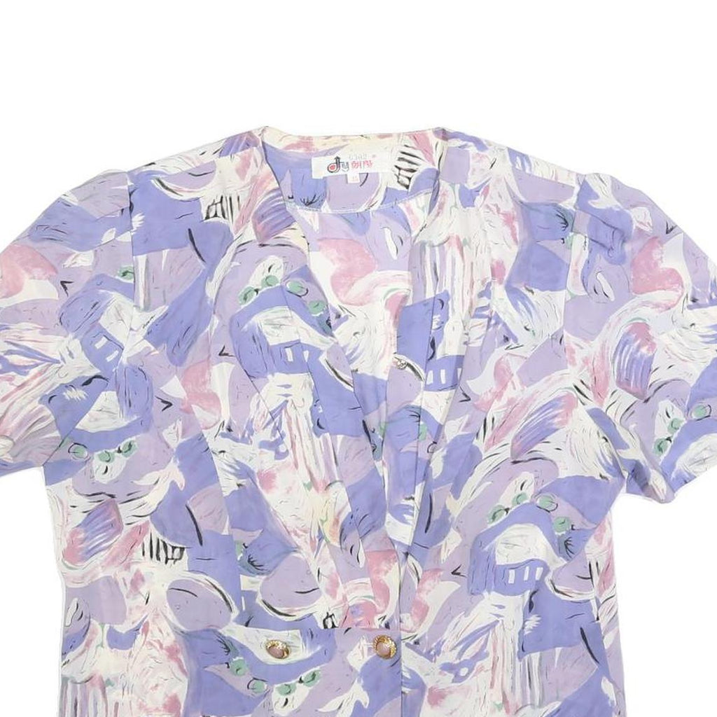 Womens Lilac & Pink Abstract Print Silk Top Short Sleeve V-Neck M Button Detail