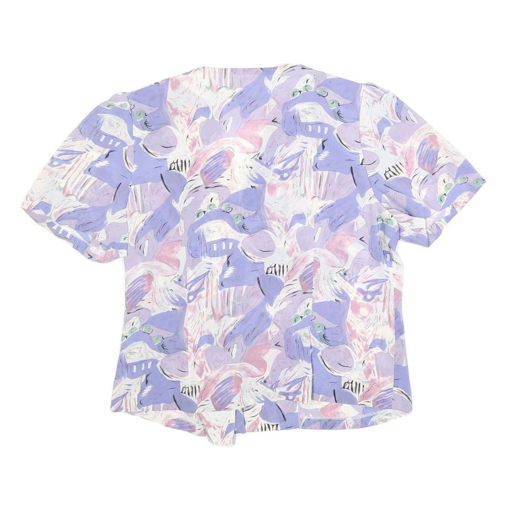 Womens Lilac & Pink Abstract Print Silk Top Short Sleeve V-Neck M Button Detail