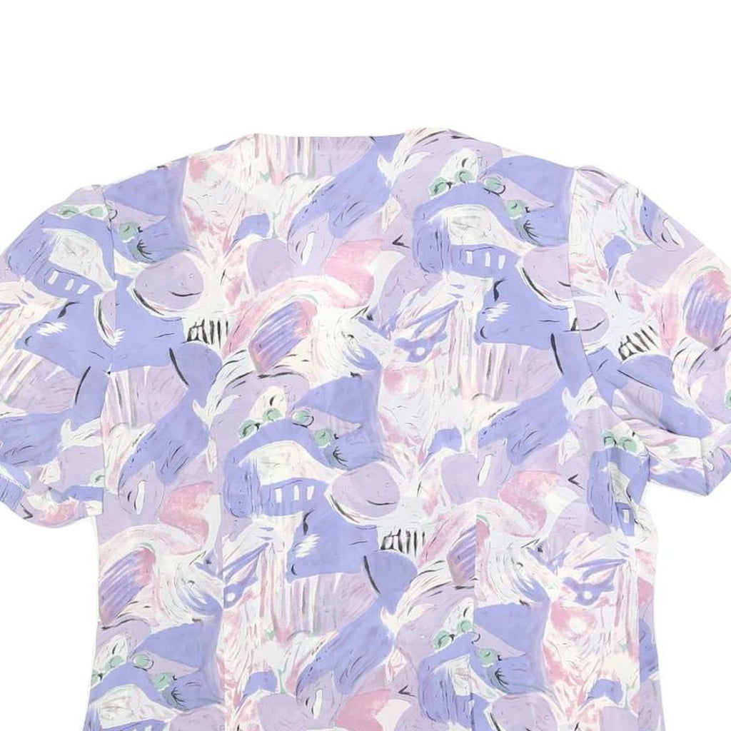 Womens Lilac & Pink Abstract Print Silk Top Short Sleeve V-Neck M Button Detail