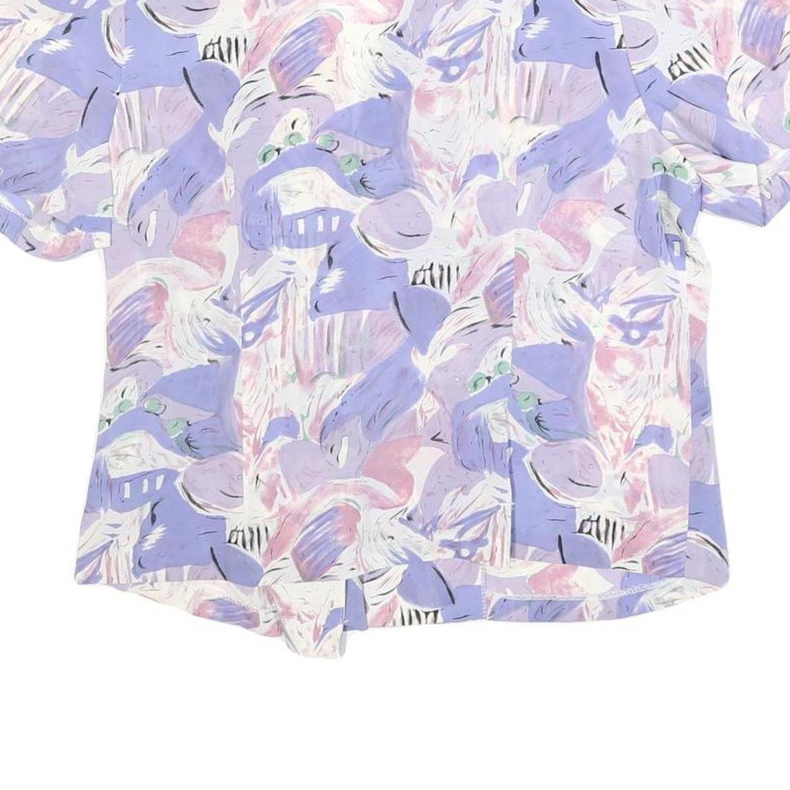 Womens Lilac & Pink Abstract Print Silk Top Short Sleeve V-Neck M Button Detail