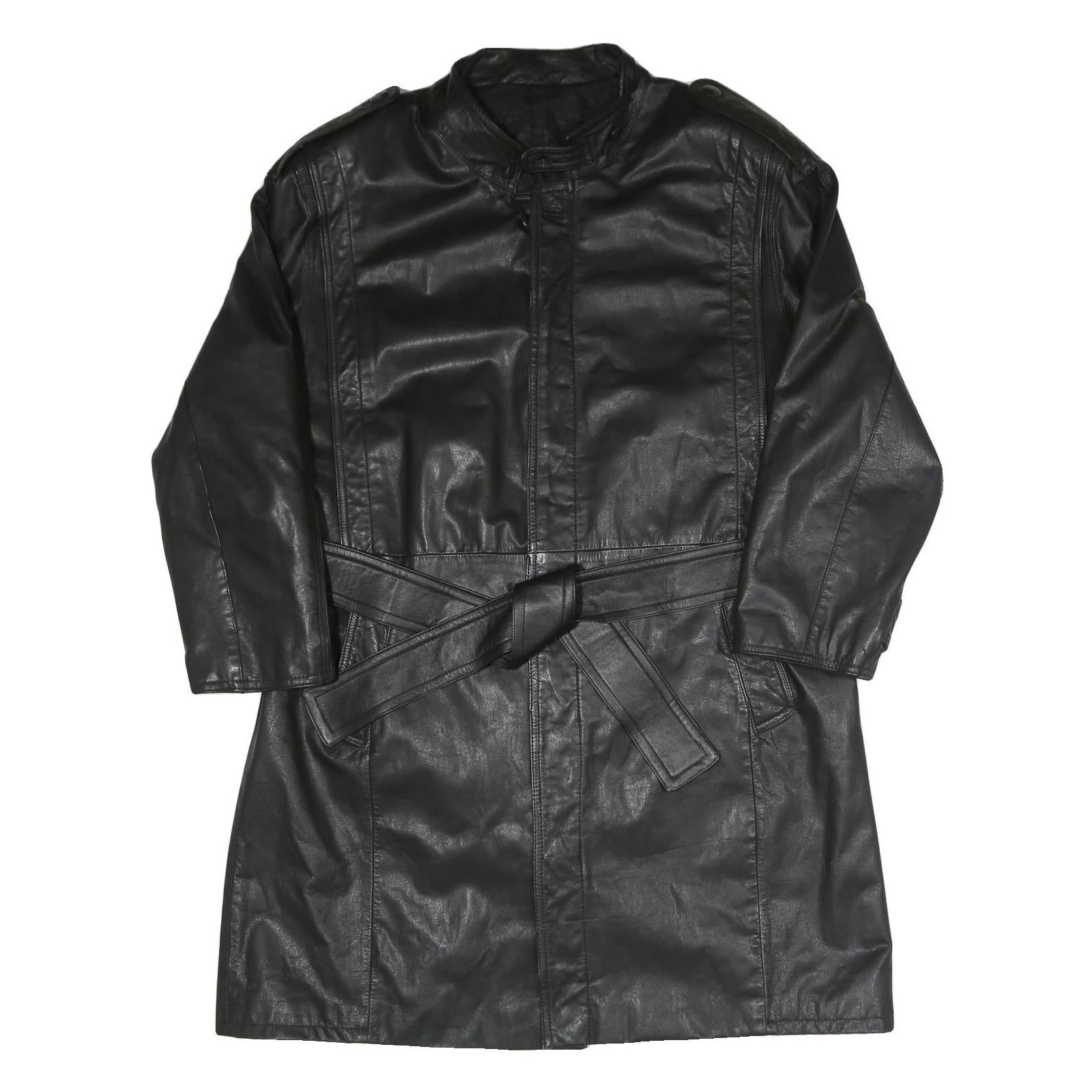 Mens Black Faux Leather Button Jacket L Classic Plain Long Sleeve Belted