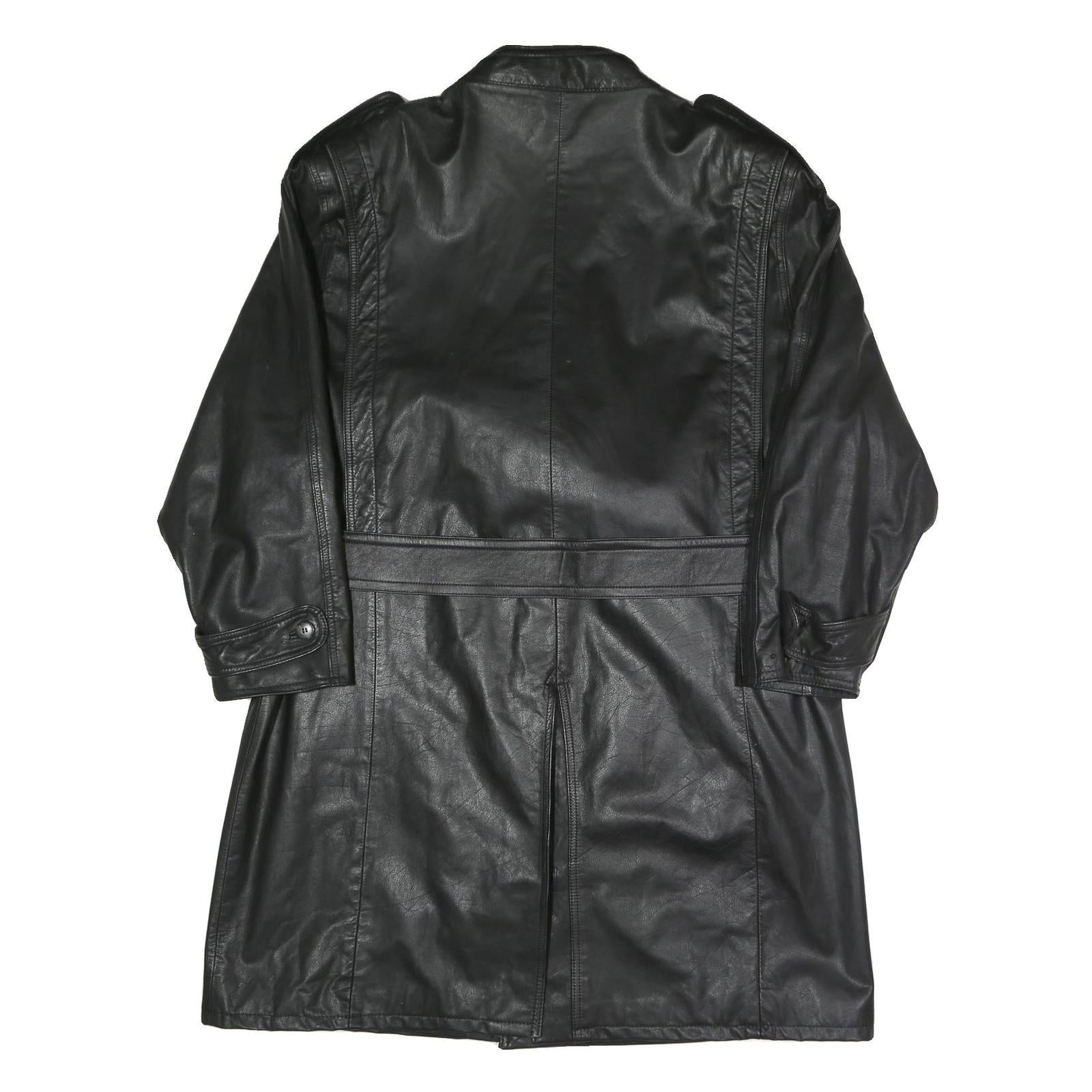 Mens Black Faux Leather Button Jacket L Classic Plain Long Sleeve Belted