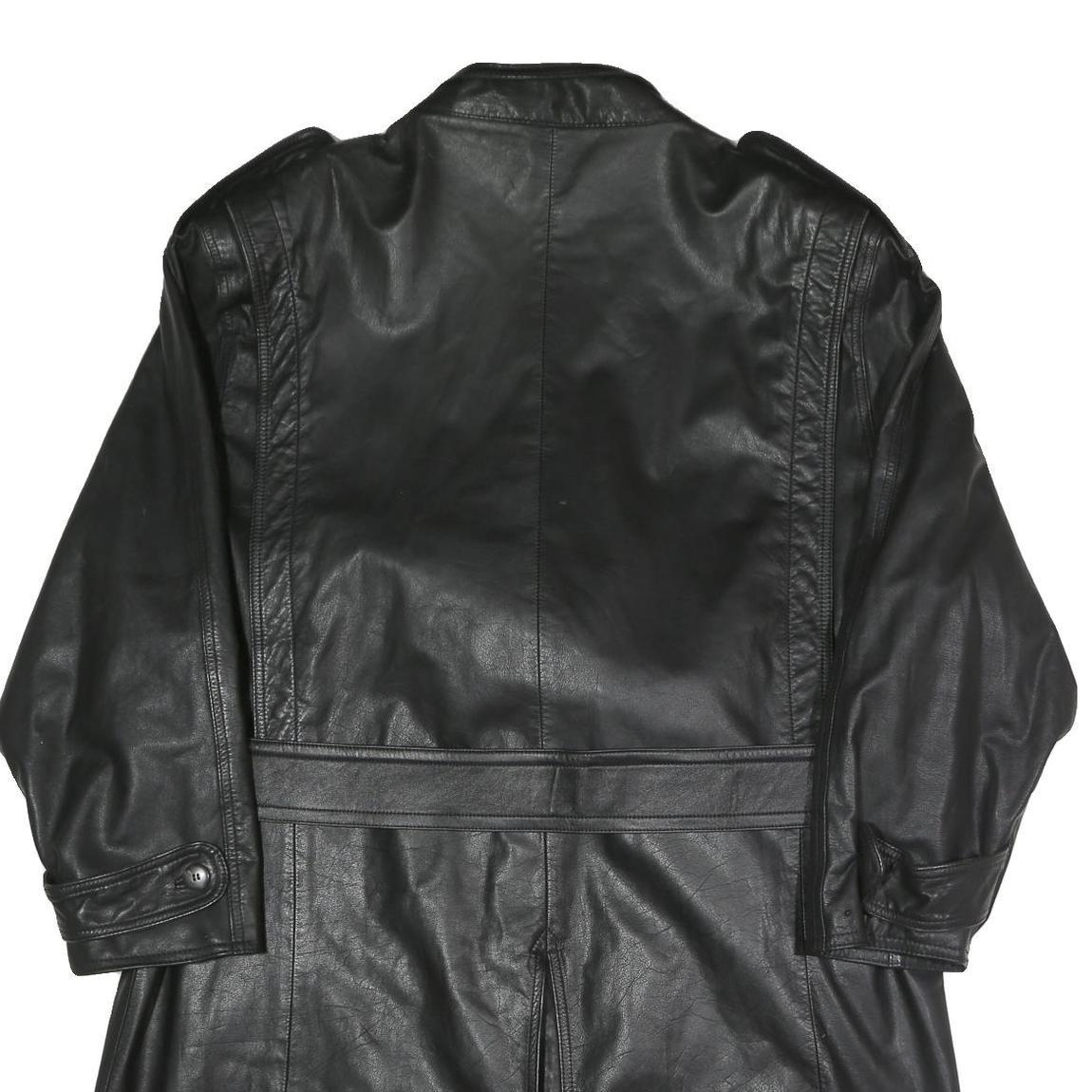 Mens Black Faux Leather Button Jacket L Classic Plain Long Sleeve Belted