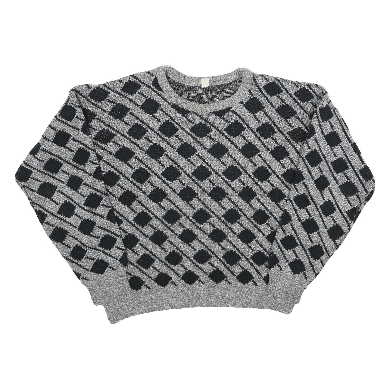 Womens Grey & Black Patterned Jumper Crew Neck Basic Knit XL Acrylic Comfort