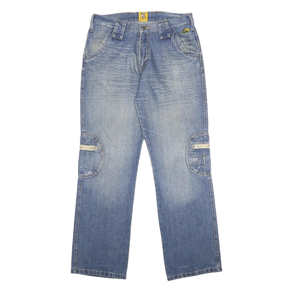 YRB Mens Relaxed Blue Denim W34 L34 Zip Cargo Style Jeans Utility Pockets