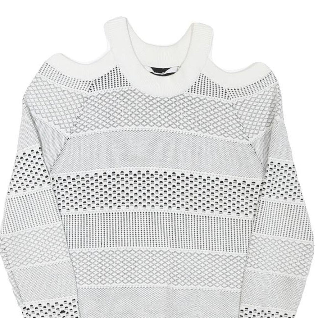 GUESS Womens White Patterned Jumper Cold Shoulder Round Neck Chunky Knit XS