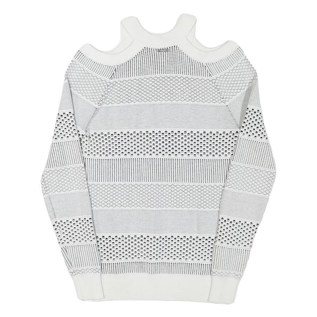 GUESS Womens White Patterned Jumper Cold Shoulder Round Neck Chunky Knit XS