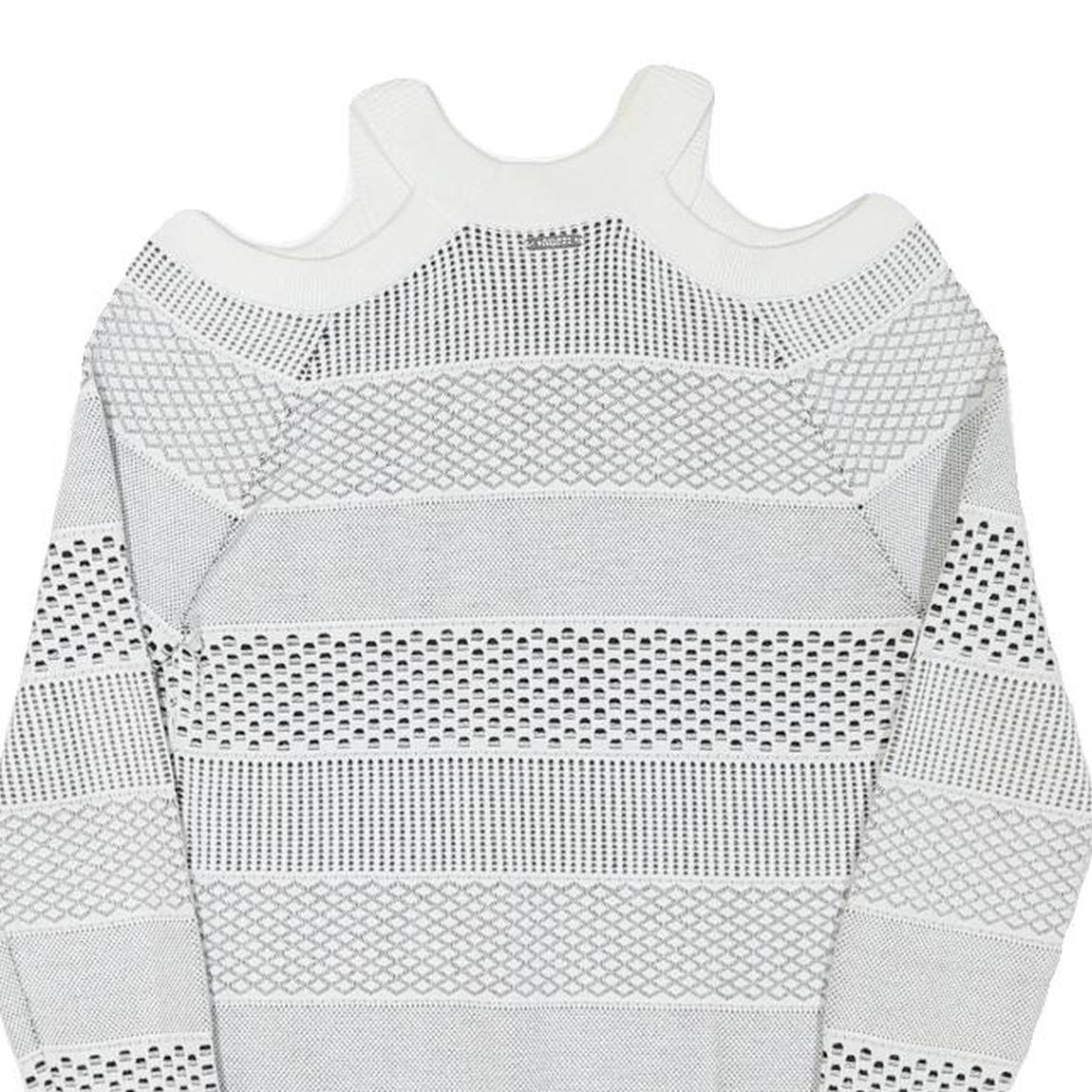 GUESS Womens White Patterned Jumper Cold Shoulder Round Neck Chunky Knit XS