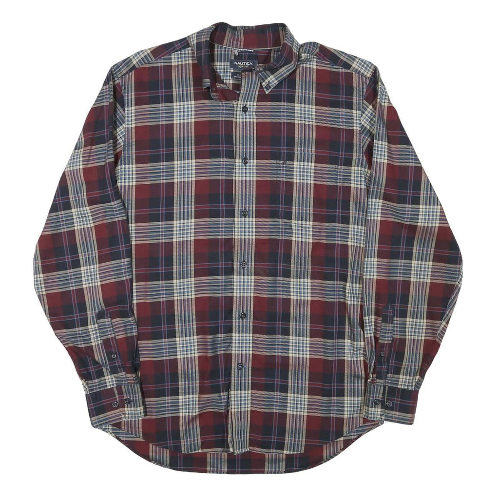 TOMMY HILFIGER Mens Maroon & Grey Checked Shirt L Long Sleeve Cotton Blend