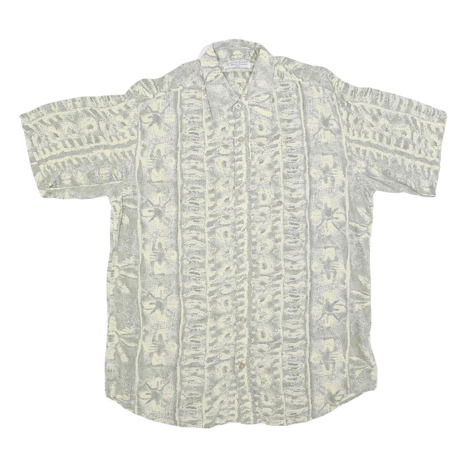 CASUAL LINE Mens Cream & Grey Pattern Shirt M Short Sleeve Button Up Casual Wear