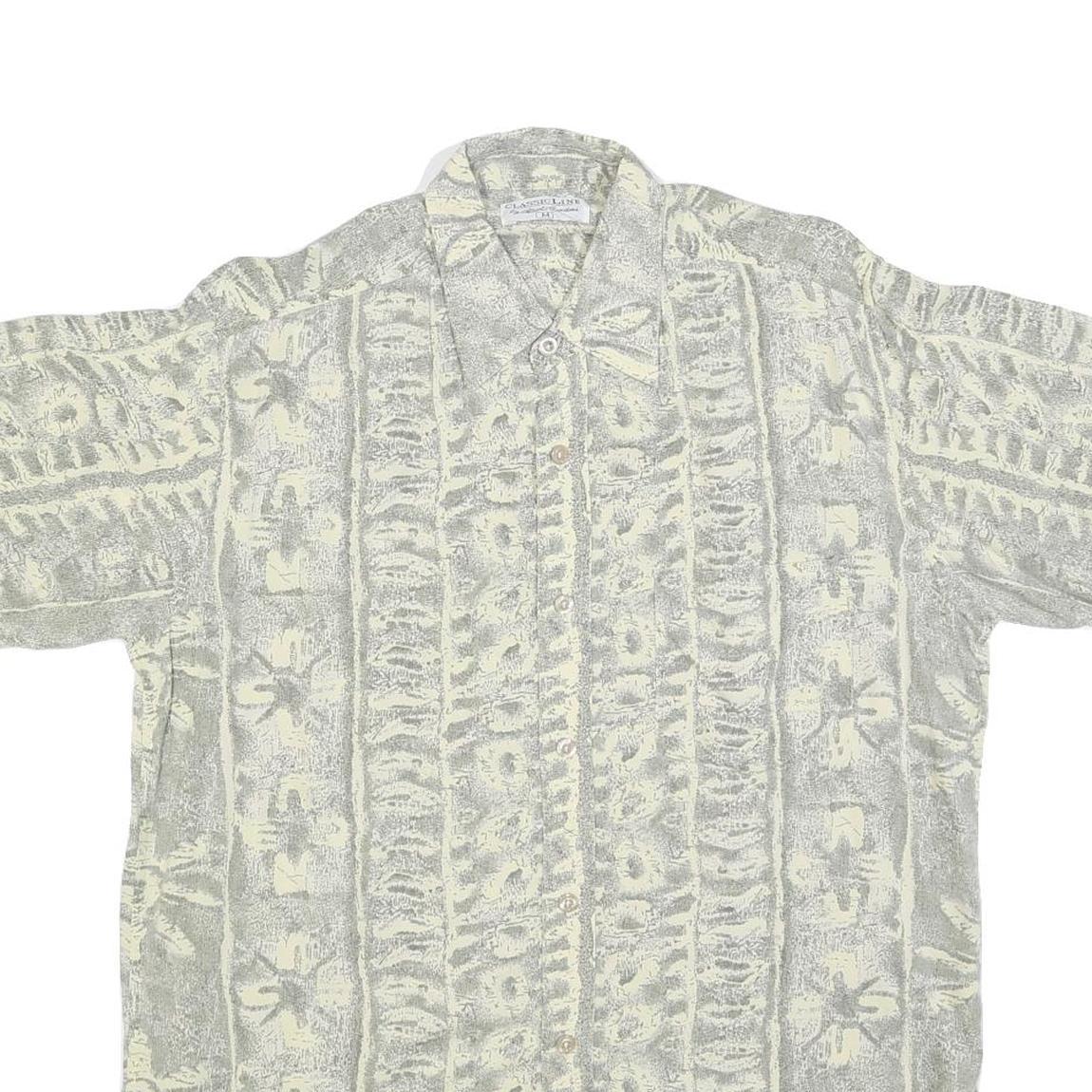 CASUAL LINE Mens Cream & Grey Pattern Shirt M Short Sleeve Button Up Casual Wear