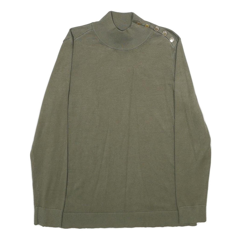 CALVIN KLEIN Womens Green Jumper Plain Roll Neck Basic Knit M Button Detail