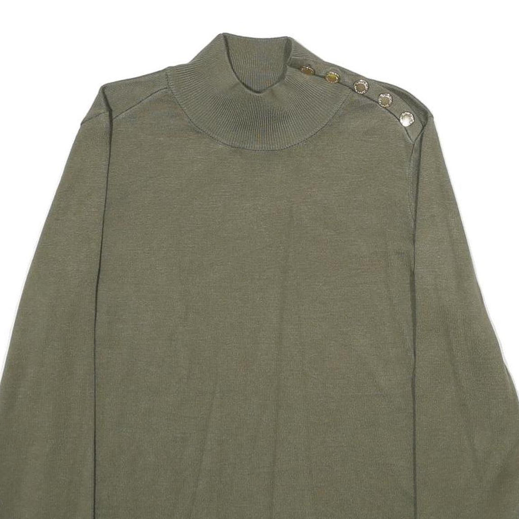 CALVIN KLEIN Womens Green Jumper Plain Roll Neck Basic Knit M Button Detail