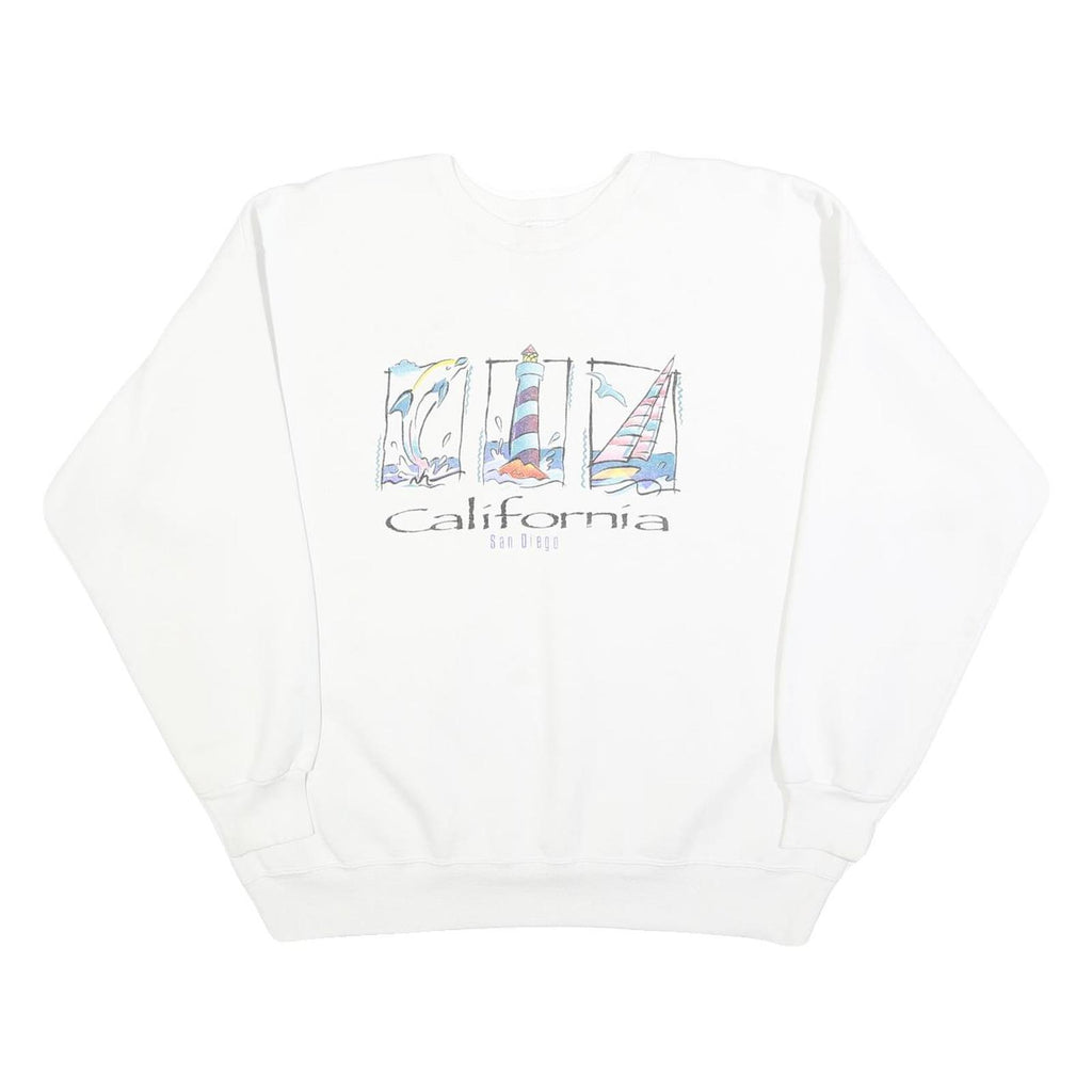 HANES Womens White California Crew Neck L Cotton Casual Graphic Sweatshirt