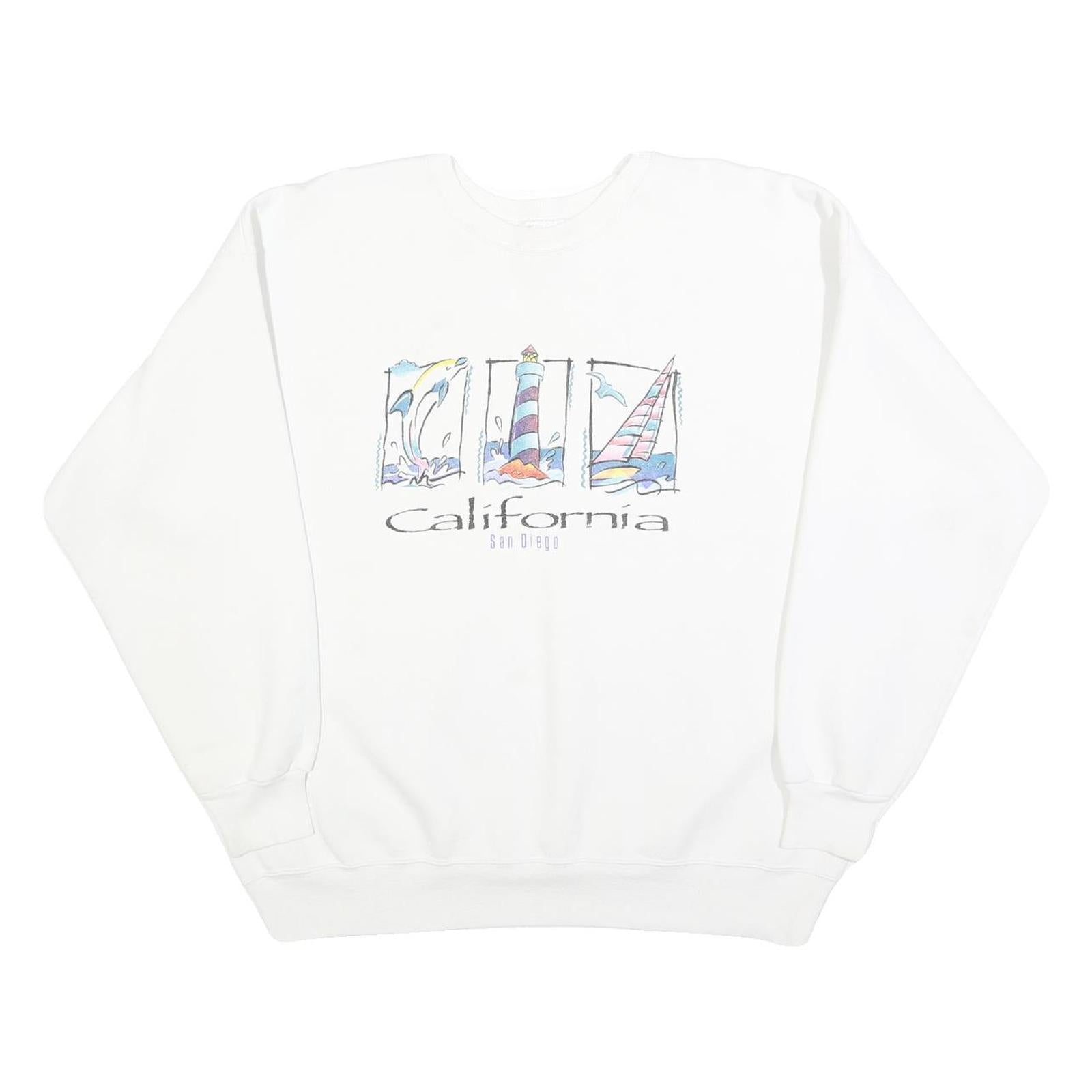 HANES Womens White California Crew Neck L Cotton Casual Graphic Sweatshirt