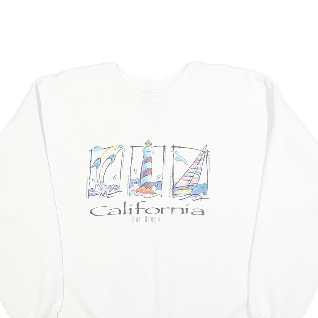 HANES Womens White California Crew Neck L Cotton Casual Graphic Sweatshirt