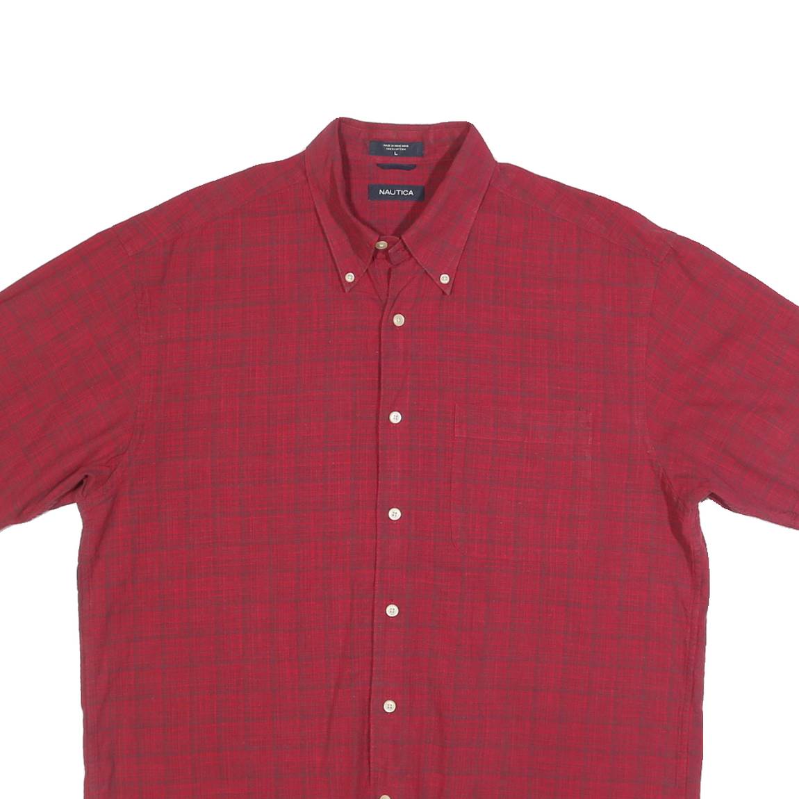 NAUTICA Mens Red Check Shirt L Button Down Casual Cotton Summer