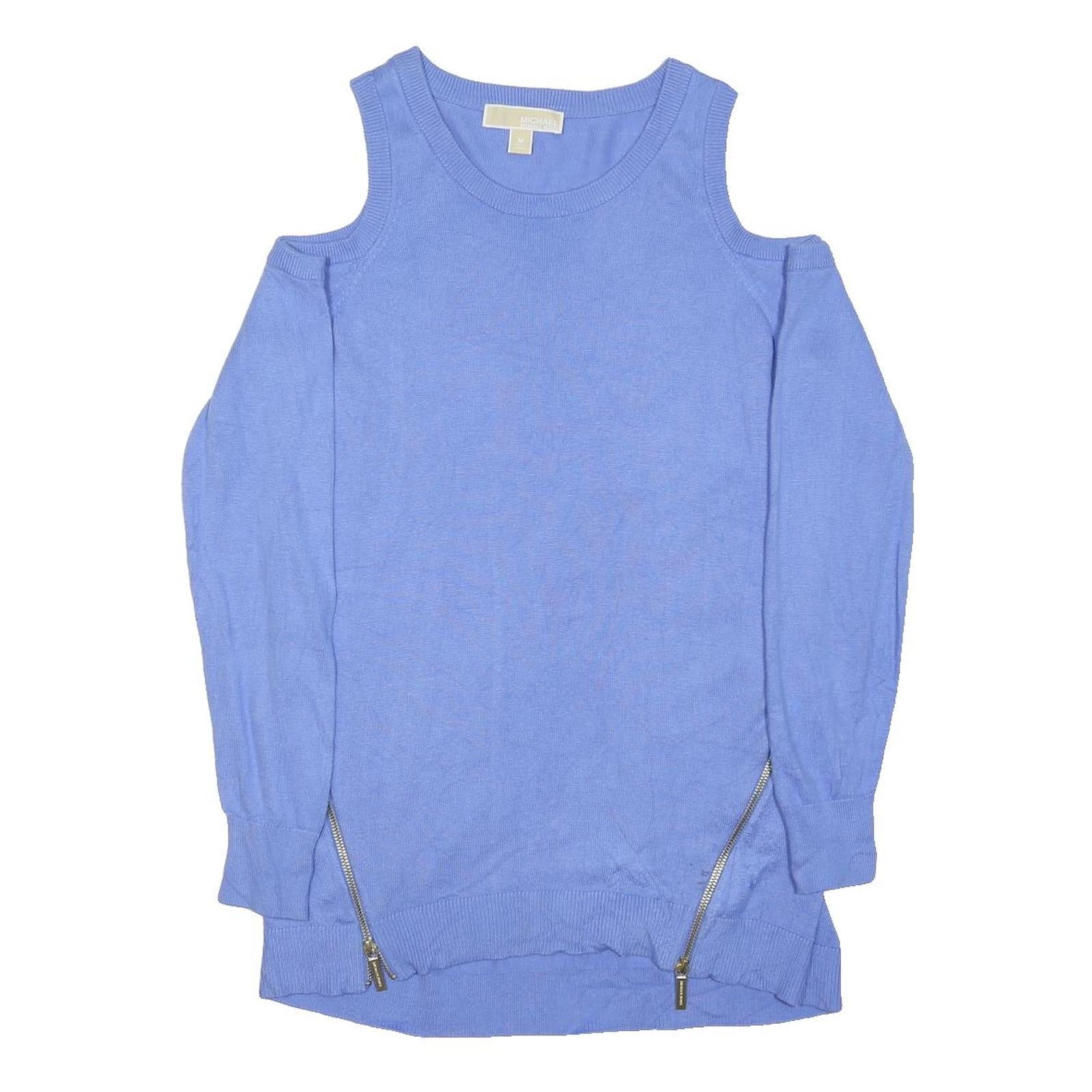 MICHAEL KORS Womens Blue Cold Shoulder Plain Cotton Blend Jumper M Zipper Detail