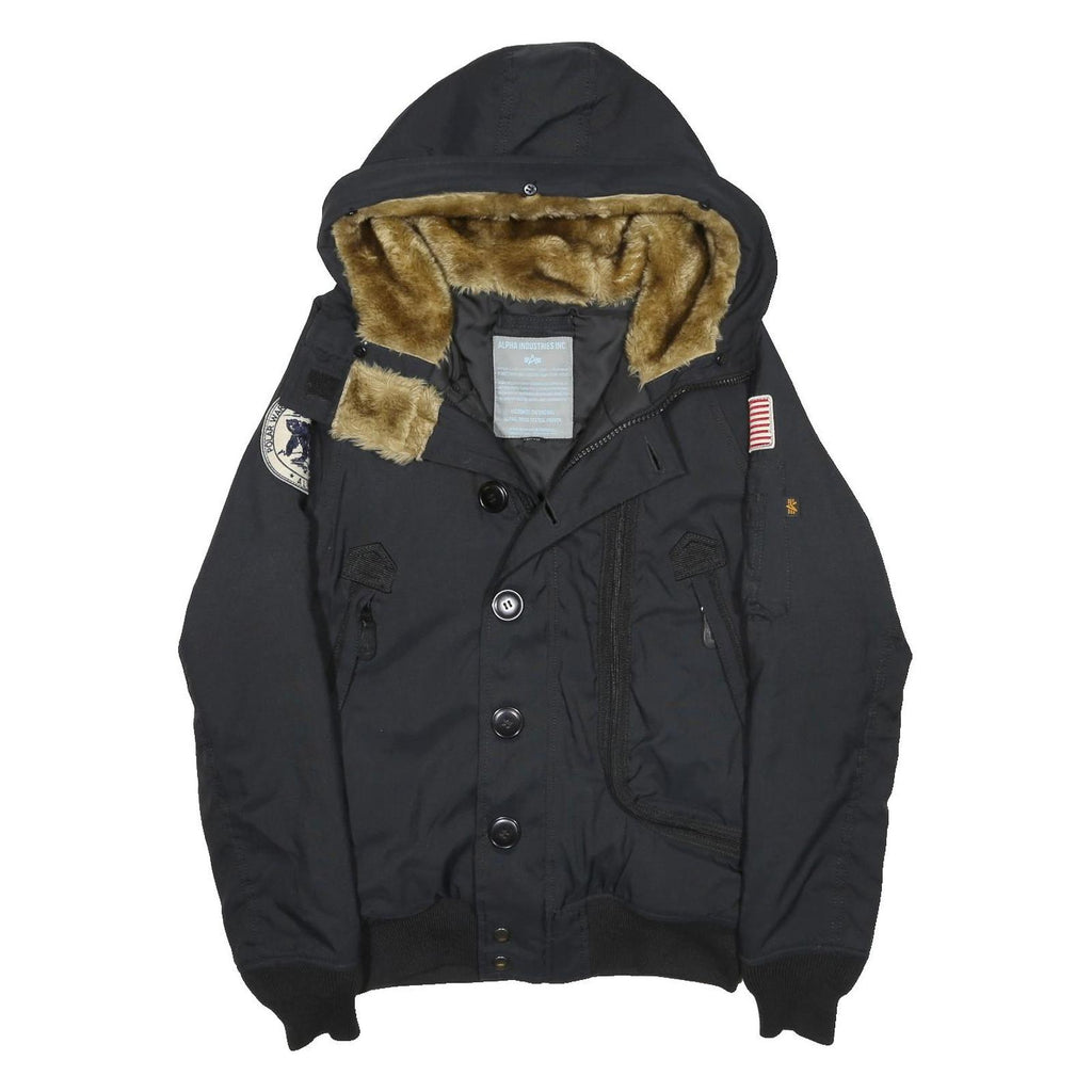 ALPHA INDUSTRIES Mens Black Flight Jacket XS Polyester Blend Hooded Zip Pockets